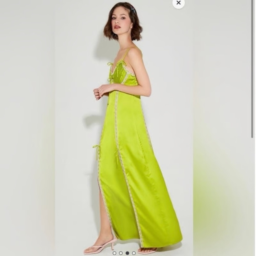 NWT Betsey Johnson satin saten elbise green pink lace maxi dress - Picture 2 of 7